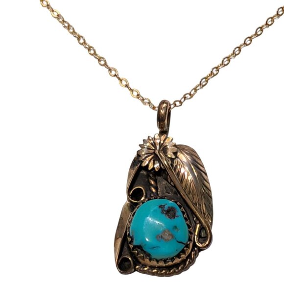 Vintage 12K Gold Filled Pendant Necklace Blue Turquoise Floral by Beverly Lucero - Picture 2 of 16